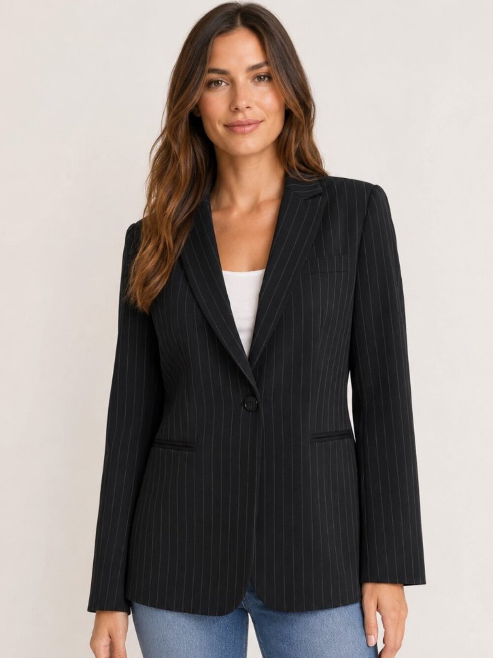 Jones New York Black Pinstripe Tailored One Button Career Blazer Women's Size 10